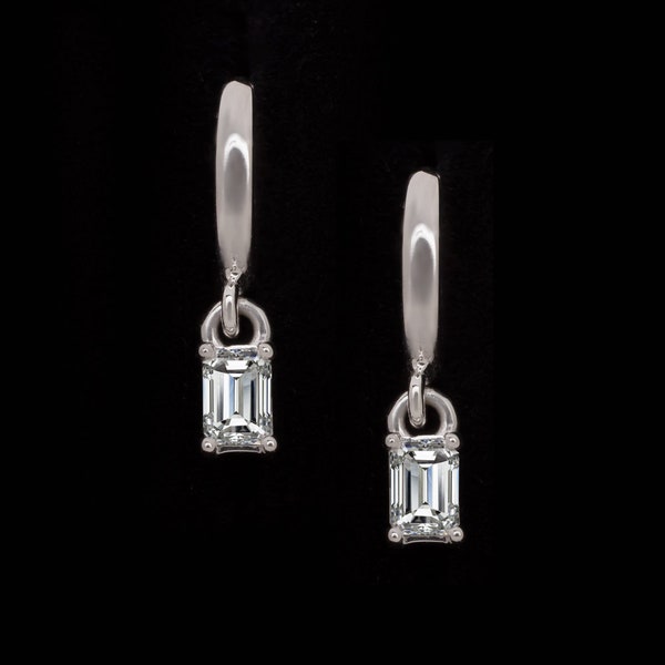 Lab Created Diamond Drop Earrings Huggie Hoop Charm Emerald Cut Minimalist 14K (MTO-LG-15957)