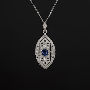 Sapphire Diamond Vintage Style Pendant Art Deco Necklace Drop Dangle Bezel Blue Cut Out White Gold (MTO-9355-PEN-BS)
