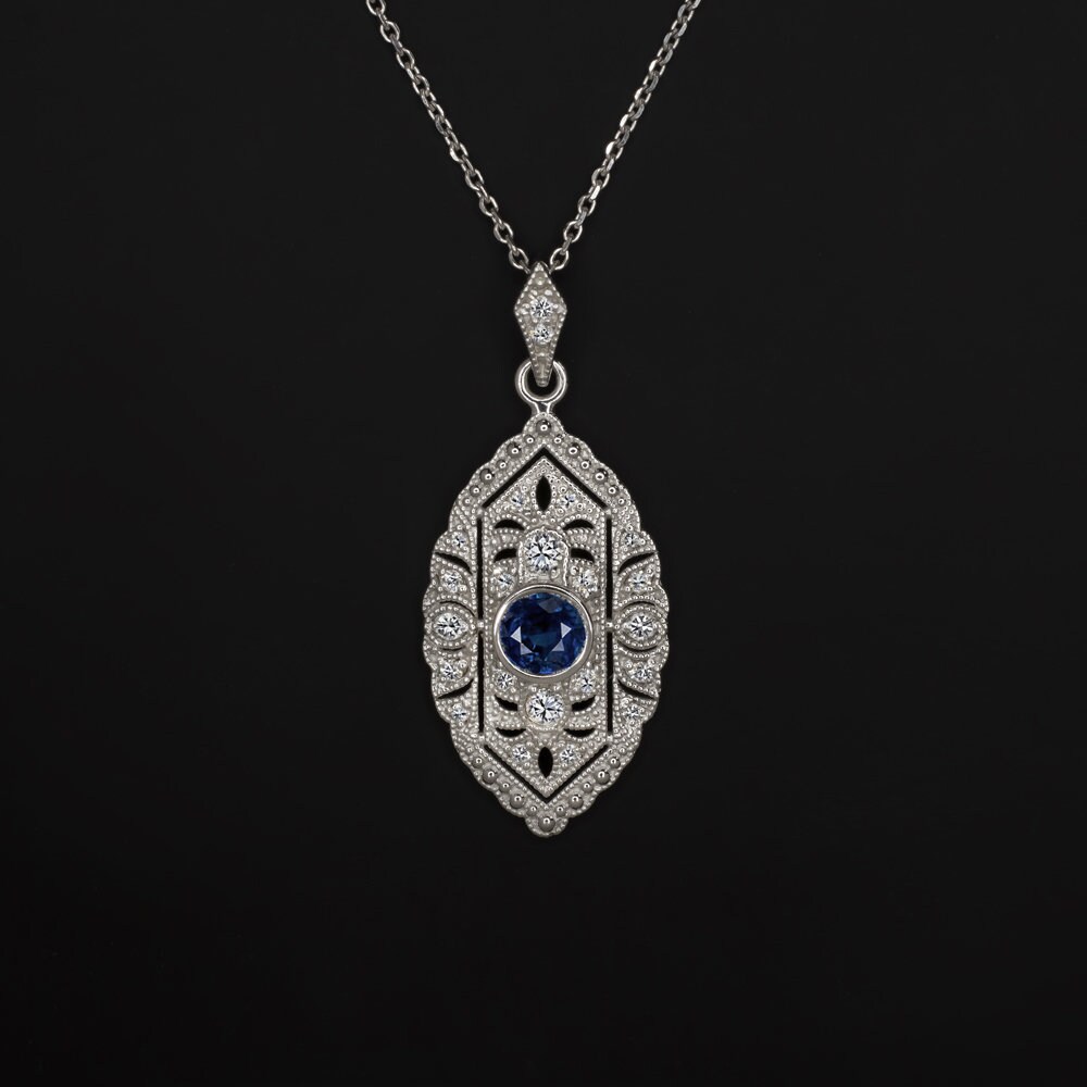 アクセサリー sapphire pendant Sapphire Diamond Vintage Style Pendant Art Deco Necklace Drop