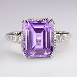 Amethyst Vintage Style Ring Sterling Silver Art Deco Emerald Cut Engraved Purple (18282-AM)