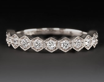 Diamond 14 White Gold Wedding Band Stacking Ring Honeycomb Vintage Style Hexagon (MTO-12312-WG)