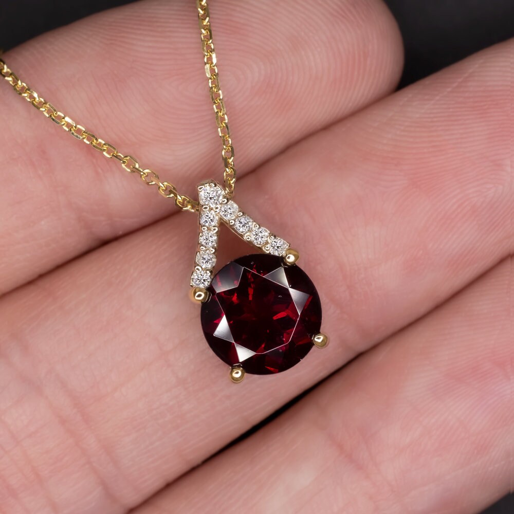 Garnet Natural Diamond Pendant 14K Yellow Gold Necklace Red V Bail January Birthstone Modern Everyday 12774 8.0 YG GR