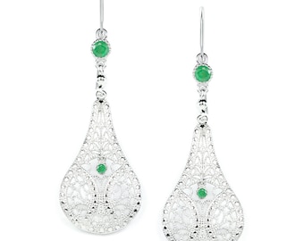 Emerald Filigree Earrings Sterling Silver Dangle Teardrop Vintage Style Green (18308-EM)
