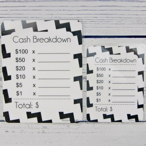 K&ouml;nnte beinhalten: Zwei schwarz-wei&szlig;e Karten zur Bargeldaufteilung mit einem Zickzackmuster. Die Karten haben Zeilen zum Auflisten der Anzahl der Scheine jeder St&uuml;ckelung: 100&nbsp;&euro;, 50&nbsp;&euro;, 20&nbsp;&euro;, 10&nbsp;&euro;, 5&nbsp;&euro; und 1&nbsp;&euro;. Die Karten haben einen Platz zum Aufschreiben des Gesamtbetrags an Bargeld.