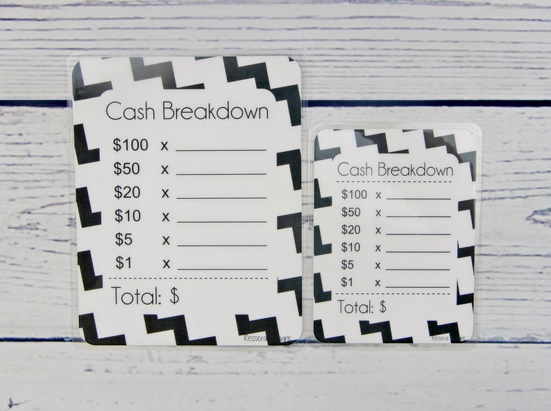 K&ouml;nnte beinhalten: Zwei schwarz-wei&szlig;e Karten zur Bargeldaufteilung mit einem Zickzackmuster. Die Karten haben Zeilen zum Auflisten der Anzahl der Scheine jeder St&uuml;ckelung: 100&nbsp;&euro;, 50&nbsp;&euro;, 20&nbsp;&euro;, 10&nbsp;&euro;, 5&nbsp;&euro; und 1&nbsp;&euro;. Die Karten haben einen Platz zum Aufschreiben des Gesamtbetrags an Bargeld.