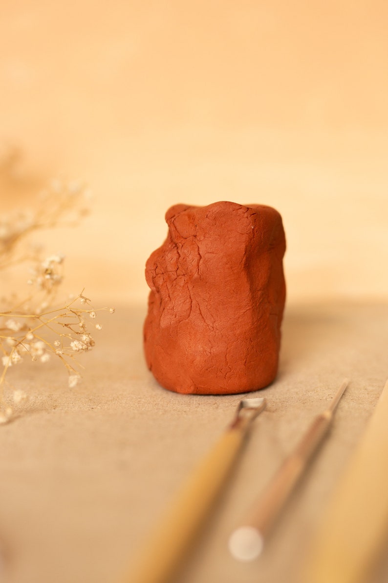 Pu&ograve; includere: Primo piano di una scultura in argilla rossa con due strumenti di scultura in legno e metallo.