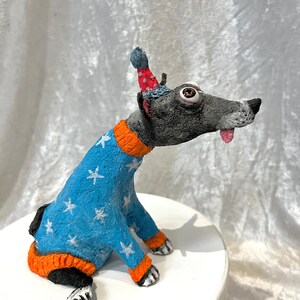 dog sculpture, small dog sculpture, fun dog sculpture, unique paper clay dog, amusing dog sculpture