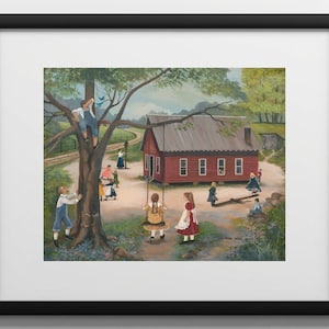 Recess Framed Print - old fashioned schoolhouse, ring-around-roses, jumping jack, tree swing, schoolteacher, outhouse – PERSONALIZED