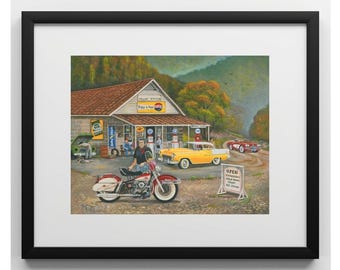 Fillin Station Framed Print - corvette, vintage sign, Pepsi, Chevy, classic cars, Quaker State, country road, Harley, 1950s - PERSONALIZED