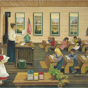 Classroom Framed Prints - pot belly stove, American flag, chalkboard, school desks, coat racks, mountain school, teacher - PERSONALIZED