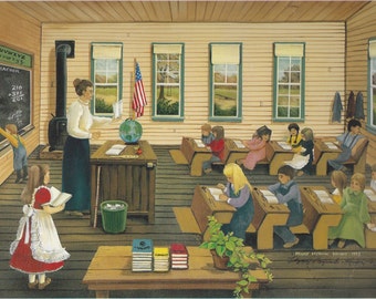 schoolhouse desks Classroom Framed Prints - pot belly stove, American flag, chalkboard, school desks, coat racks, mountain school, teacher - PERSONALIZED