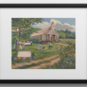 Sunday Dinner on the Ground Framed Print - rock church, potluck, cemetery, ladder back chairs, children, poodle skirt - PERSONALIZED