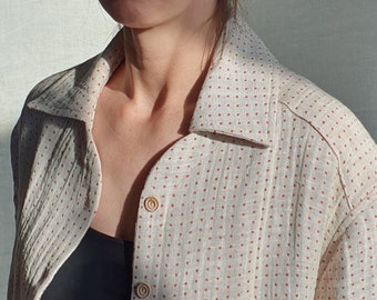 Linen Shirt Jacket Short Sleeve, Heavy Linen Shirt Dot Pattern, Oversized Top for Women, Loose Blouse