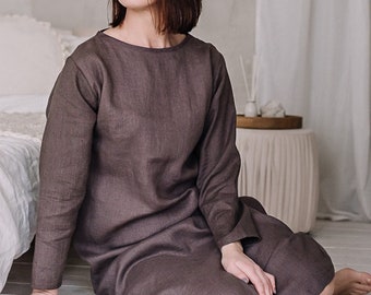 Long Linen Dress with Long Sleeve, Kaftan Dress for Women, Pull On Dress for Summer