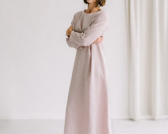 Linen Modest Dress for Woman, Long Slip Dress with Long Sleeves