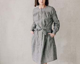 Tiered Plaid Dress Below Knee, Gathered Oversized Shirt Dress for Women, Casual Black White Dress for Fall, Linen Wool Blend Robe