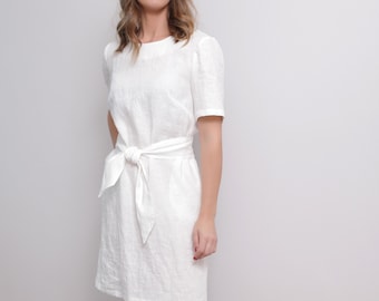 Midi Linen Dress, Linen Wedding Guest Dress, Minimalistic Summer Dress with Side Pockets