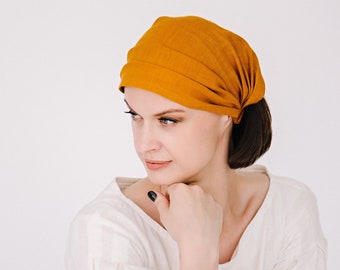 Linen Wide Headband for Women, Linen Head Covering, Yellow Head Bandana