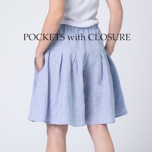 Linen wide leg bermuda shorts, colottes,  POCKETS with CLOSURE
