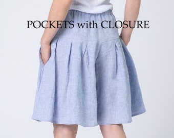 Linen wide leg bermuda shorts, colottes,  POCKETS with CLOSURE