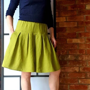 shorts skirt with pockets, green yellow summer shorts for women, midi casual linen shorts, bermuda shorts