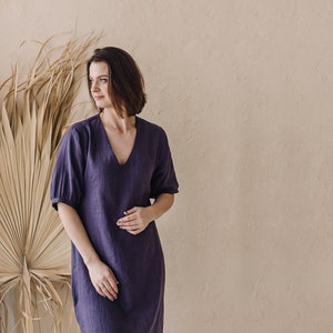 Linen Midi Slip Dress for Women, Casual V-neck Summer Dress, Purple Linen Dress