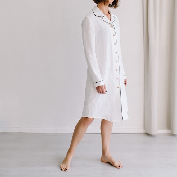 Classic White Linen Night Shirt With Long Sleeves for Women Linen Midi Robe Etsy UK