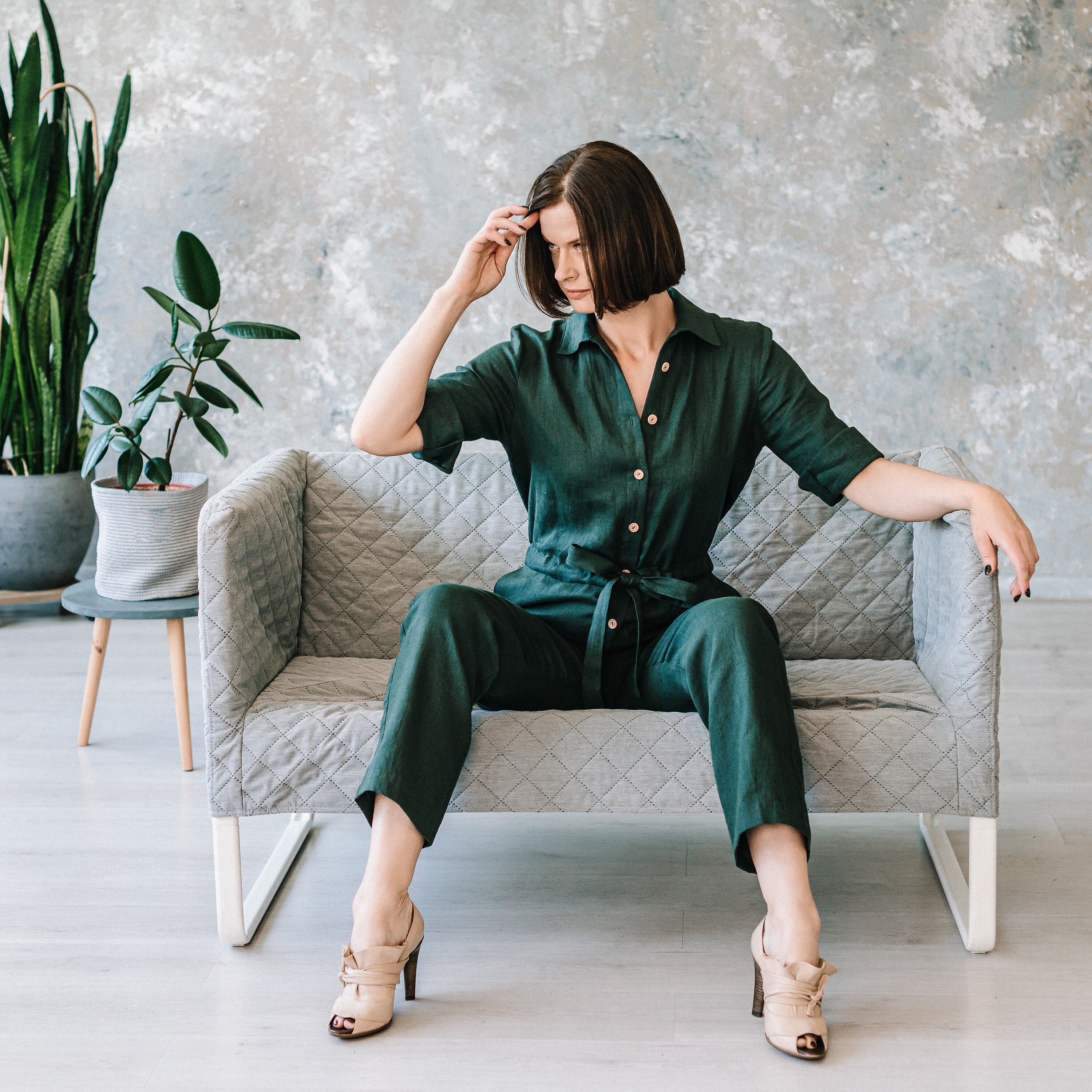Linen Button Front Jumpsuit With Collar 