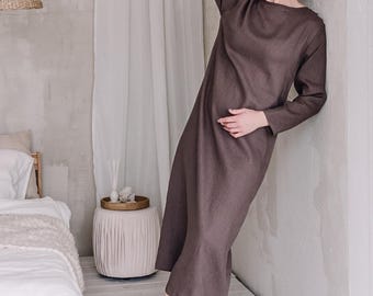 Linen House Dress Long Sleeve, Loose Linen Lounge Dress, Maxi Linen Nightgown, Comfortable Home Dress