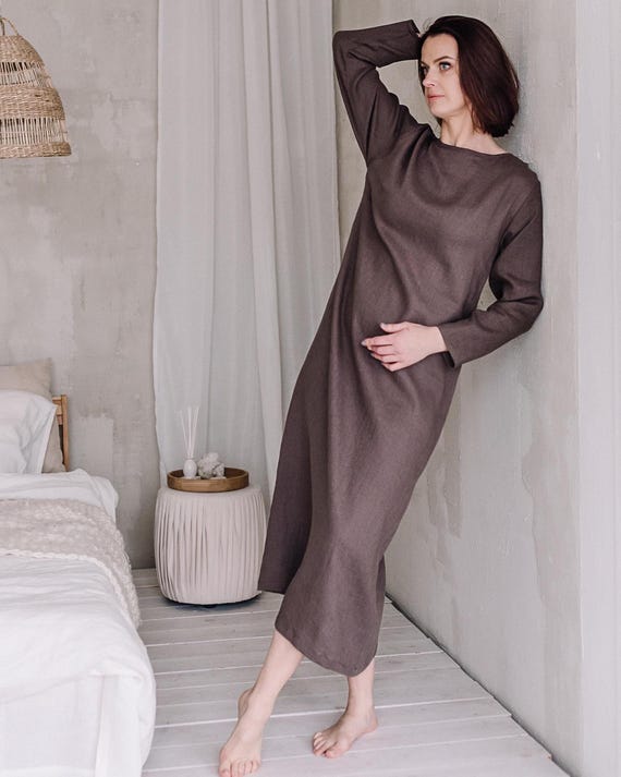 Linen House Dress Long Sleeve, Loose Linen Lounge Dress, Maxi Linen Nightgown, Comfortable Home Dress Linen House Dress Long Sleeve, Loose Linen Lounge Dress, Maxi Linen Nightgown, Comfortable Home Dress