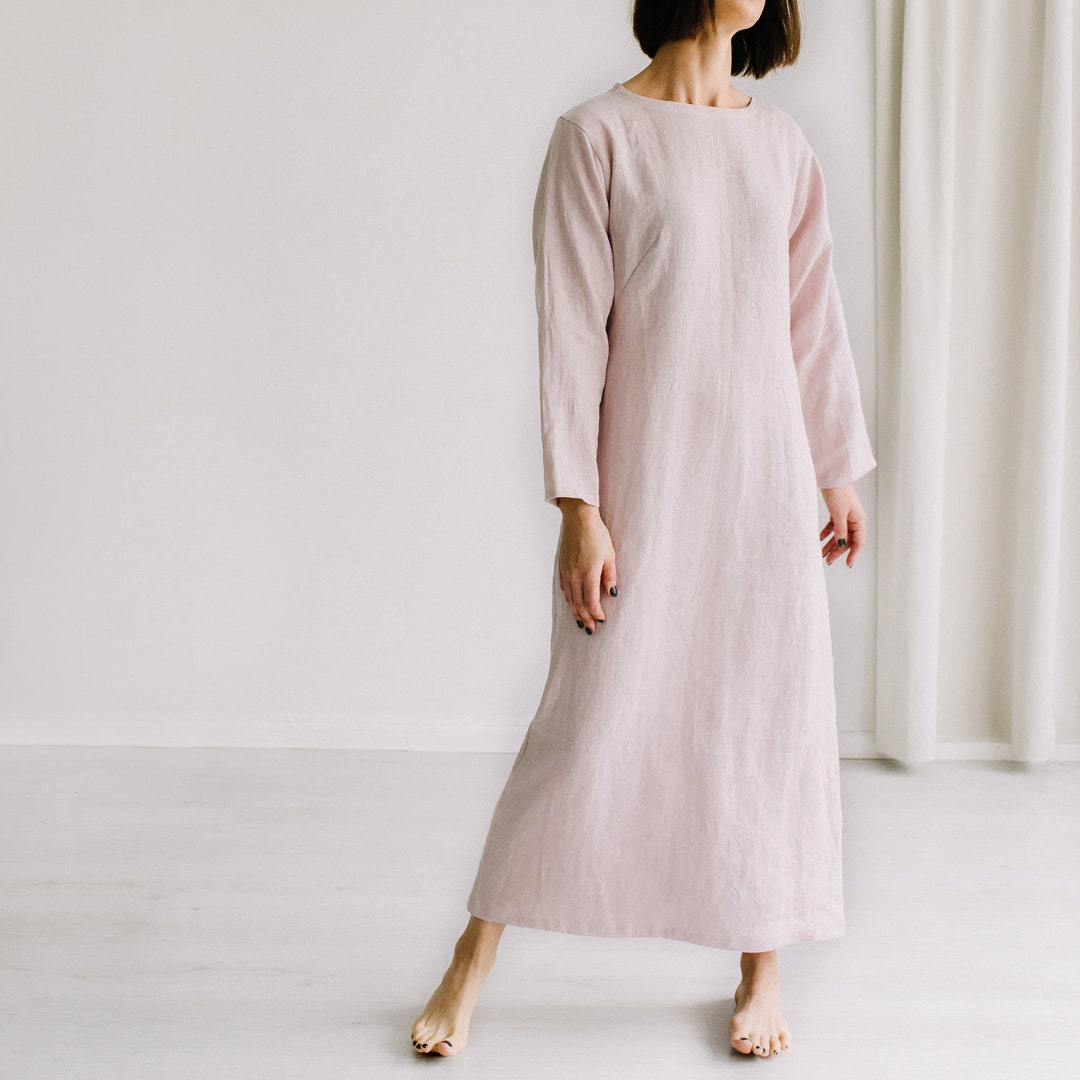 Linen Modest Dress for Woman, Long Slip Dress with Long Sleeves