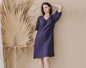 Linen Midi Slip Summer Dress for Women, Casual V-neck Loose Fitting Dress, Purple Linen Dress