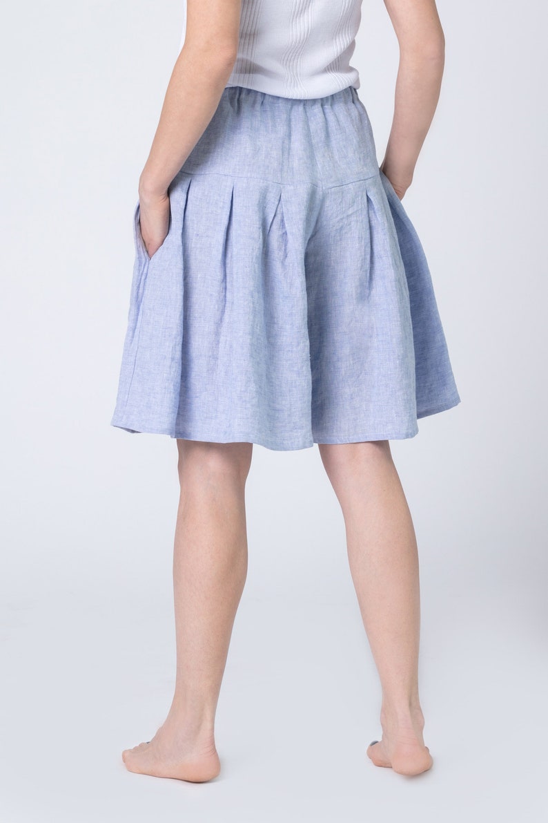 Linen Knee Length Culotte Shorts, Pleated Skirt Shorts, Wide Leg Bermuda Shorts, Half Pants image 4