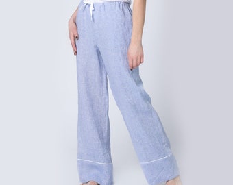 Leinen Pyjama Hose Frauen, Schlupfhose, gerades Bein Schlafhose