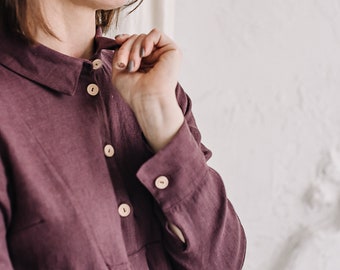 Purple Linen Dress with long sleeves and Pockets, Casual Shirt Dress for Women