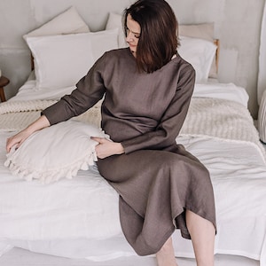 Linen long nightgown, maxi night shirt for women with long sleeve