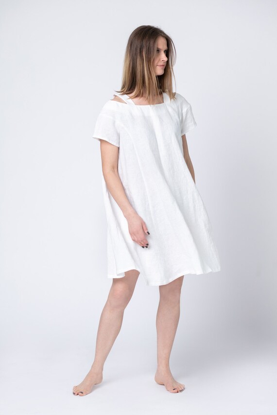 Midi Linen Beach Wedding Dress With Pockets Maternity Short Etsy