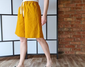 Linen women wide leg shorts, knee length culotte shorts, bermuda high waist shorts