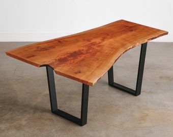 Asymmetric Cherry Desk | Single Slab Live Edge | Handmade | Solid Wood and Steel | Modern Desk