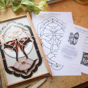 Op de afbeelding: Een glas-in-lood paneelset met een zwarte en rode mot met witte bloemen. De set bevat een patroon, instructies en een houten frame. De moeilijkheidsgraad is aangegeven als "Expert".
