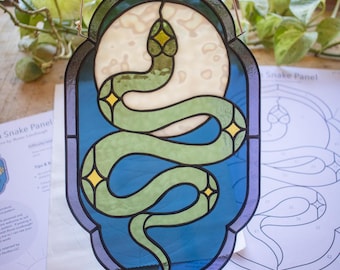 Digital Pattern Moon Snake Panel, Stained Glass Pattern Download, Moon Snake Pattern, Moon Snake Pattern, Stain Glass Panel Pattern