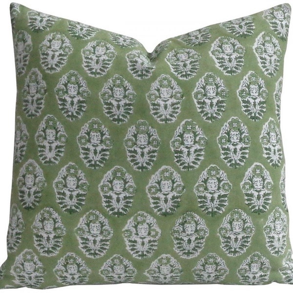 15 Inch Block Print Cotton Pillow Cover, Green Laurel, Zipper, Bed, Couch, Sofa, Chair, Crib,Patio, crib, Nursery, Dorm, RV