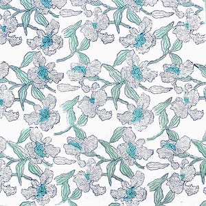 May include: A white fabric featuring a repeating pattern of line-drawn iris flowers. The petals are outlined in black ink, with soft mint green leaves and stems. The center of each flower is accented with a vibrant turquoise blue color.