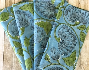 Block Print Dinner Napkins, 18 inch Set Of 4, Hand Printed Cotton Colorful Floral Table Napkins, Party, Hostess, Housewarming, Gift