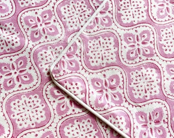 Block Print Pink & White Pillow Cover, 20 Inch, With White Piping, Zipper, 100% Cotton