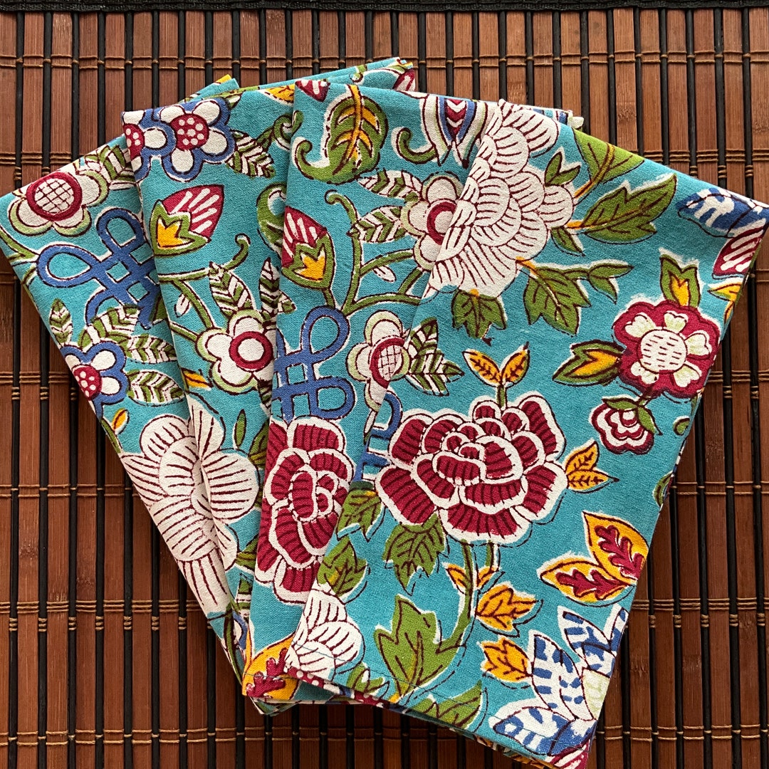 Block Print Napkins, Set of 4 Indie Boho Floral Table Settings, NO ...
