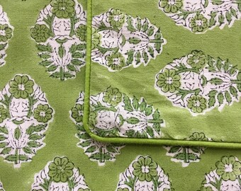 20 Inch Block Print Pillow Cover, Green Laurel print With Contrast Piping, Zipper, Cotton, Couch, Bed, Living Room, Baby Nursery, Dorm, Sofa