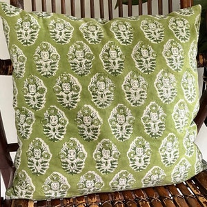 15 1/2 Inch Block Print Pillow Cover, Green & White, Zipper, Same Print Both Sides, Bed, Sofa, Couch, Chair, Dorm, Nursery