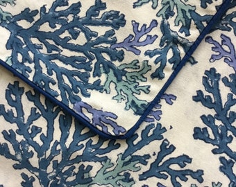 20 Inch Block Print Pillow Cover, Blue And White Coastal Coral Print