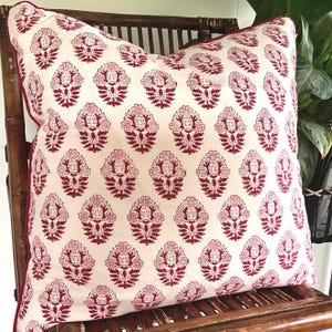 20 Inch Block Print Throw Pillow Cover, Red, Pink On White Print With Piping, Bohemian, Boho, Indie Indian print, French Country, Cotton Zen